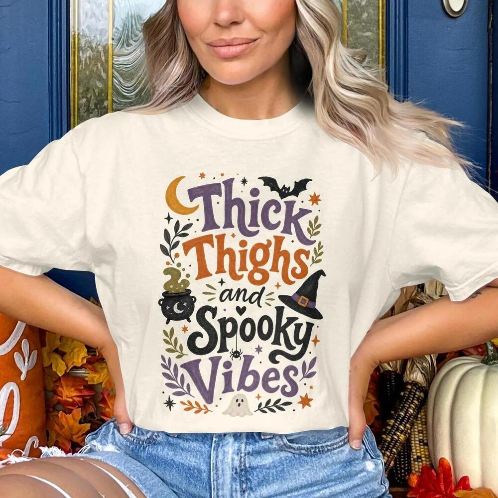 Thick Thighs Spooky Vibes Halloween T-Shirt, Witchy Fall Moon